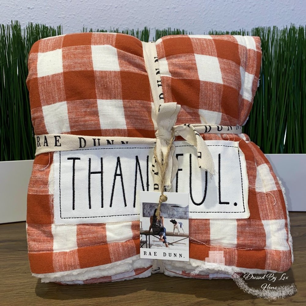 Rae Dunn Burnt orange Buffalo Thankful Blanket